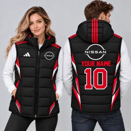Nissan | Sporty Geometric Colorblock Personalized Name Number Hooded Puffer Vest