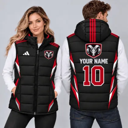 Ram | Sporty Geometric Colorblock Personalized Name Number Hooded Puffer Vest