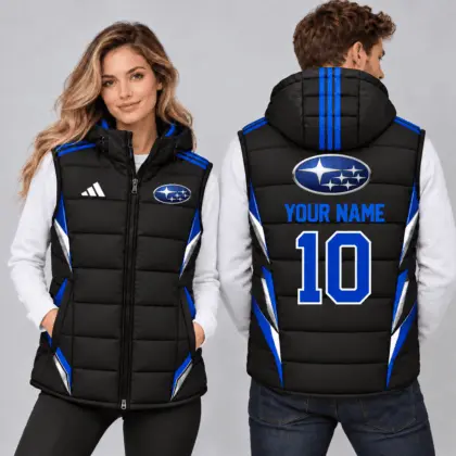 Subaru | Sporty Geometric Colorblock Personalized Name Number Hooded Puffer Vest