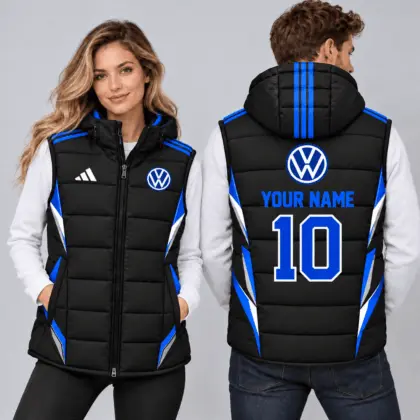 Volkswagen | Sporty Geometric Colorblock Personalized Name Number Hooded Puffer Vest