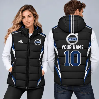Volvo | Sporty Geometric Colorblock Personalized Name Number Hooded Puffer Vest