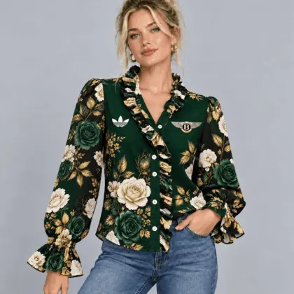 Bentley | Vintage Floral Print Ruffle Trim Button Up Long Sleeve Blouse