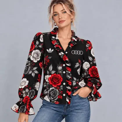 Audi | Vintage Floral Print Ruffle Trim Button Up Long Sleeve Blouse