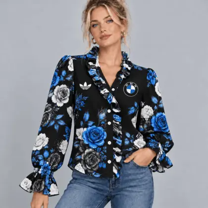 Bmw | Vintage Floral Print Ruffle Trim Button Up Long Sleeve Blouse