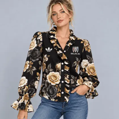 Buick | Vintage Floral Print Ruffle Trim Button Up Long Sleeve Blouse
