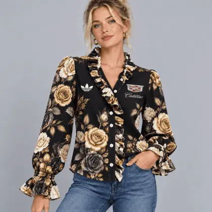 Cadillac | Vintage Floral Print Ruffle Trim Button Up Long Sleeve Blouse