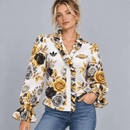 Chevrolet | Vintage Floral Print Ruffle Trim Button Up Long Sleeve Blouse