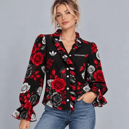 Dodge | Vintage Floral Print Ruffle Trim Button Up Long Sleeve Blouse