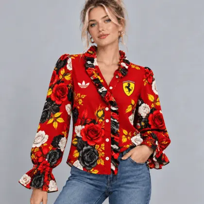 Ferrari | Vintage Floral Print Ruffle Trim Button Up Long Sleeve Blouse