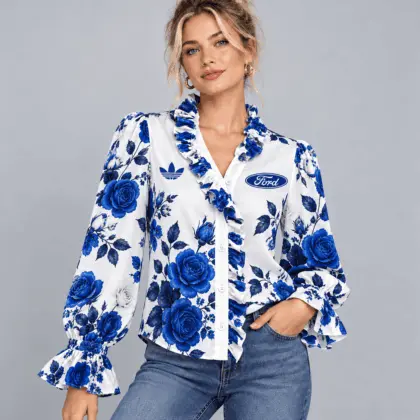 Ford | Vintage Floral Print Ruffle Trim Button Up Long Sleeve Blouse