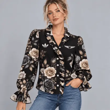 Genesis | Vintage Floral Print Ruffle Trim Button Up Long Sleeve Blouse