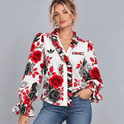 Gmc | Vintage Floral Print Ruffle Trim Button Up Long Sleeve Blouse