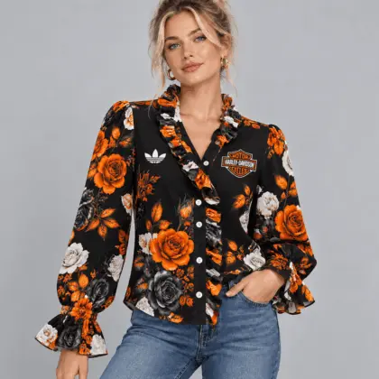 Harley-davidson | Vintage Floral Print Ruffle Trim Button Up Long Sleeve Blouse