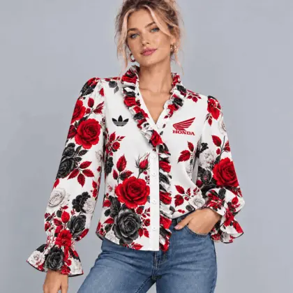 Honda | Vintage Floral Print Ruffle Trim Button Up Long Sleeve Blouse