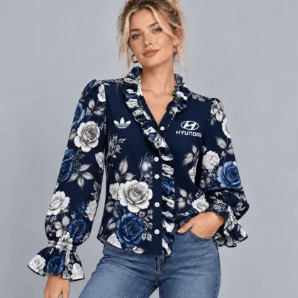 Hyundai | Vintage Floral Print Ruffle Trim Button Up Long Sleeve Blouse