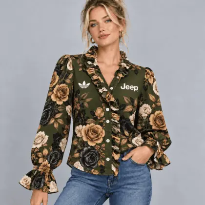 Jeep | Vintage Floral Print Ruffle Trim Button Up Long Sleeve Blouse
