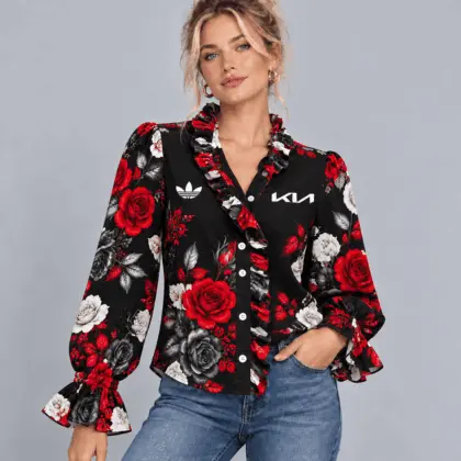 Kia | Vintage Floral Print Ruffle Trim Button Up Long Sleeve Blouse