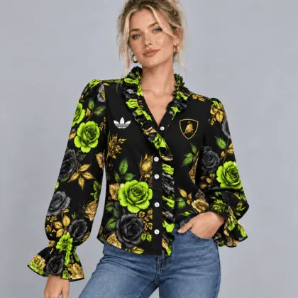 Lamborghini | Vintage Floral Print Ruffle Trim Button Up Long Sleeve Blouse