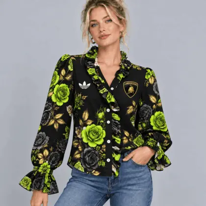 Lamborghini | Vintage Floral Print Ruffle Trim Button Up Long Sleeve Blouse