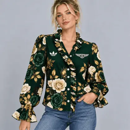 Land Rover | Vintage Floral Print Ruffle Trim Button Up Long Sleeve Blouse