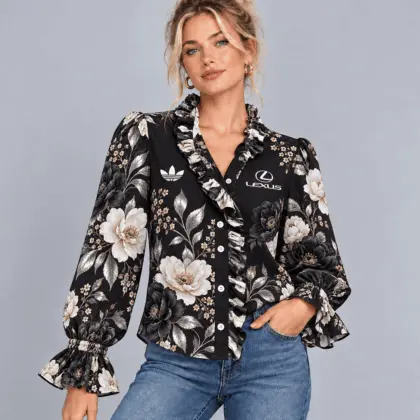 Lexus | Vintage Floral Print Ruffle Trim Button Up Long Sleeve Blouse