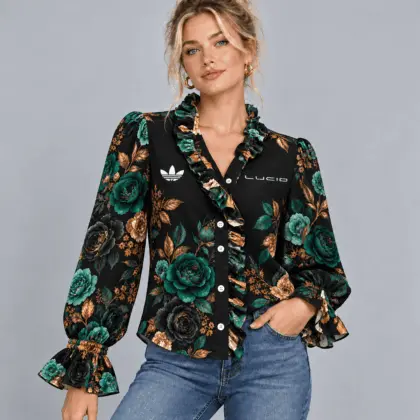 Lucid | Vintage Floral Print Ruffle Trim Button Up Long Sleeve Blouse