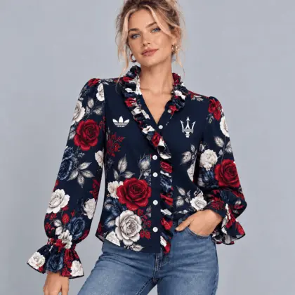 Maserati | Vintage Floral Print Ruffle Trim Button Up Long Sleeve Blouse