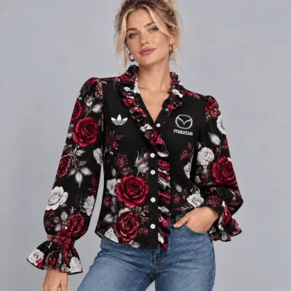 Mazda | Vintage Floral Print Ruffle Trim Button Up Long Sleeve Blouse