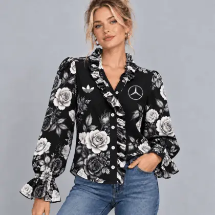 Mercedes-benz | Vintage Floral Print Ruffle Trim Button Up Long Sleeve Blouse
