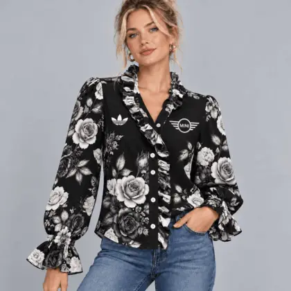 Mini | Vintage Floral Print Ruffle Trim Button Up Long Sleeve Blouse