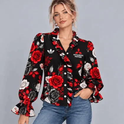 Mitsubishi | Vintage Floral Print Ruffle Trim Button Up Long Sleeve Blouse