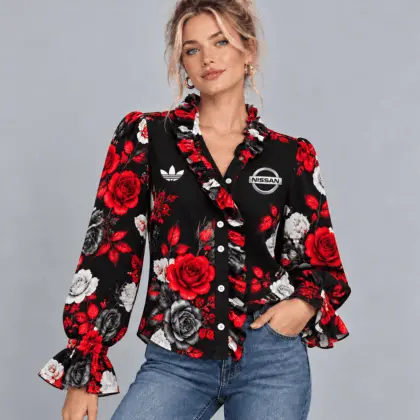 Nissan | Vintage Floral Print Ruffle Trim Button Up Long Sleeve Blouse