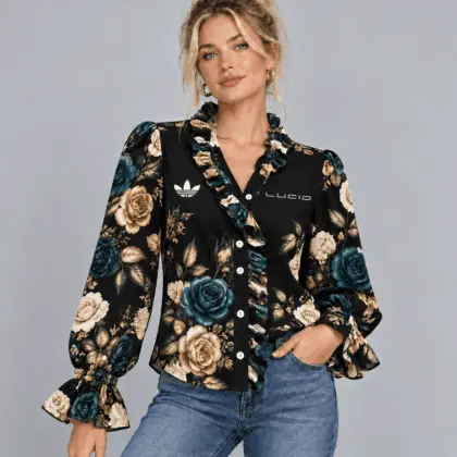 Porsche | Vintage Floral Print Ruffle Trim Button Up Long Sleeve Blouse