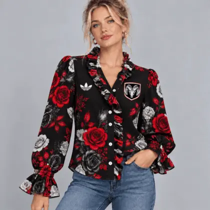 Ram | Vintage Floral Print Ruffle Trim Button Up Long Sleeve Blouse