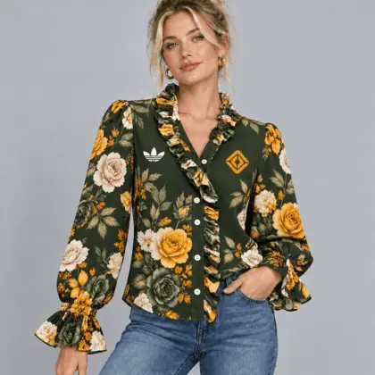 Renault | Vintage Floral Print Ruffle Trim Button Up Long Sleeve Blouse