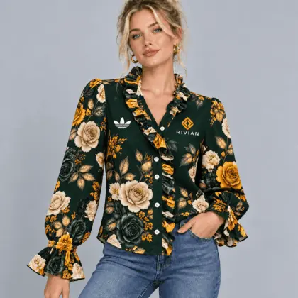 Rivian | Vintage Floral Print Ruffle Trim Button Up Long Sleeve Blouse