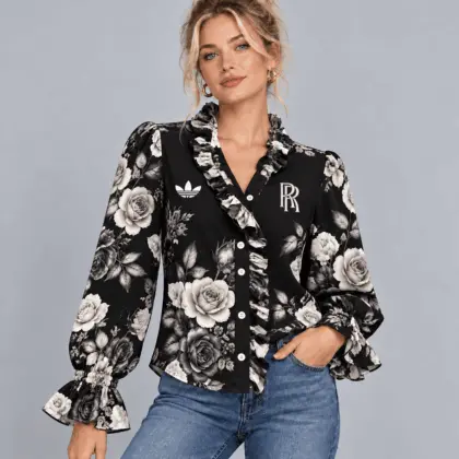 Rolls-royce | Vintage Floral Print Ruffle Trim Button Up Long Sleeve Blouse