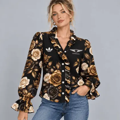 Subaru | Vintage Floral Print Ruffle Trim Button Up Long Sleeve Blouse
