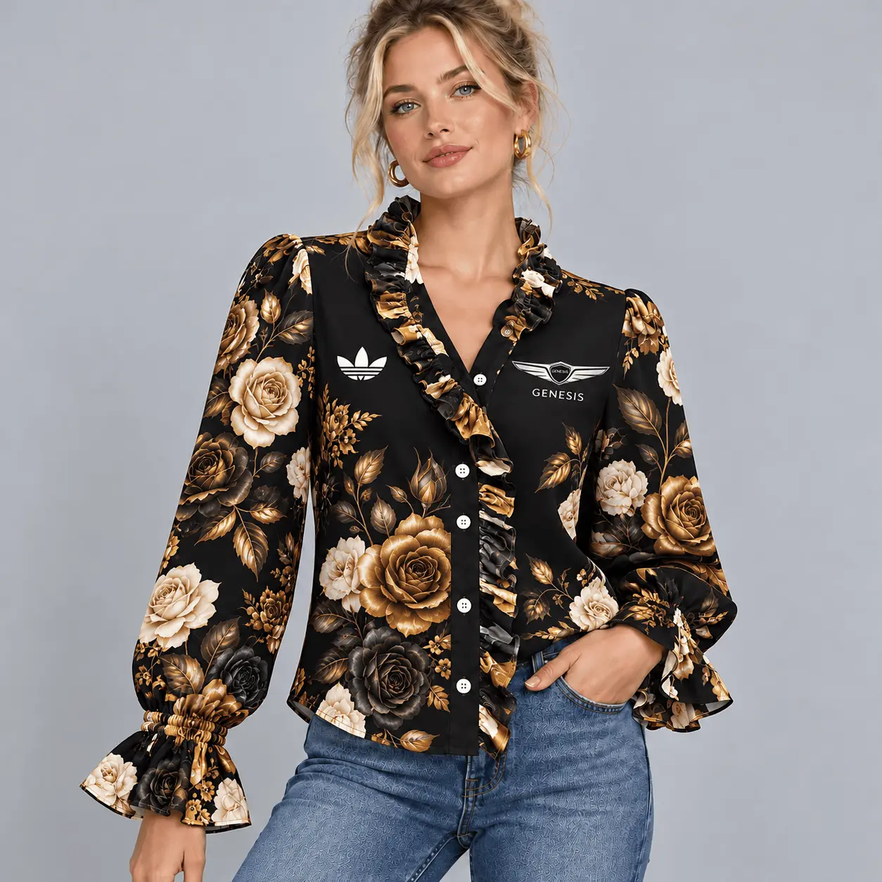 Subaru | Vintage Floral Print Ruffle Trim Button Up Long Sleeve Blouse