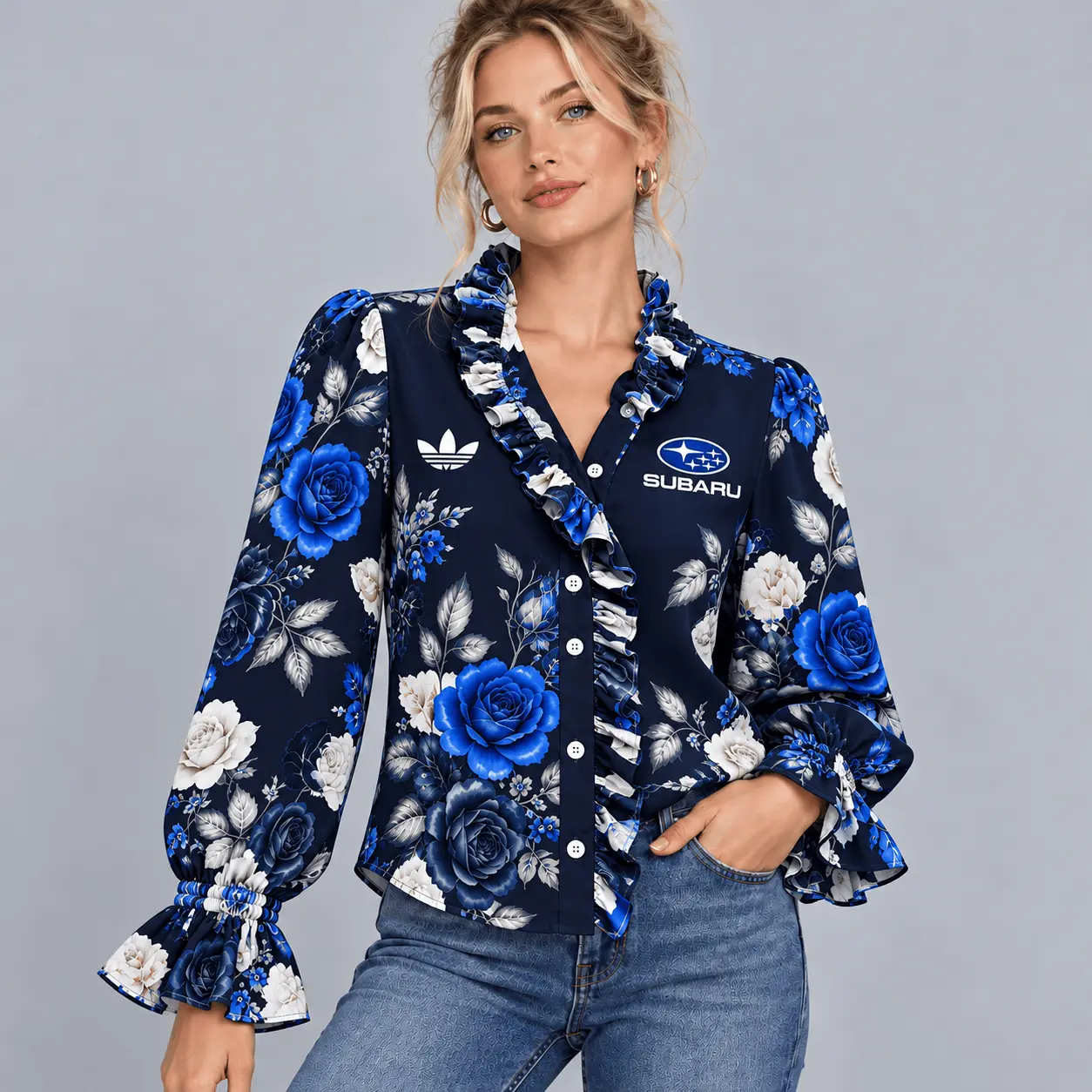 Subaru | Vintage Floral Print Ruffle Trim Button Up Long Sleeve Blouse