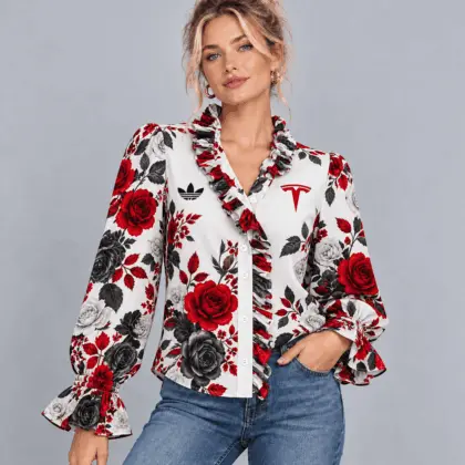 Tesla | Vintage Floral Print Ruffle Trim Button Up Long Sleeve Blouse