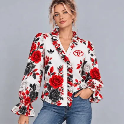 Toyota | Vintage Floral Print Ruffle Trim Button Up Long Sleeve Blouse