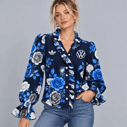 Volkswagen | Vintage Floral Print Ruffle Trim Button Up Long Sleeve Blouse