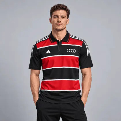 Audi | Heritage Broad Stripe Three Stripe Short Sleeve Athletic Polo Shirt