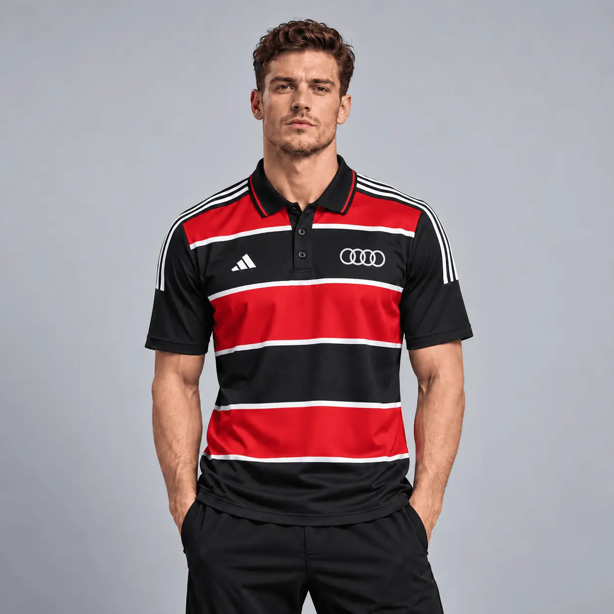Audi | Heritage Broad Stripe Three Stripe Short Sleeve Athletic Polo Shirt