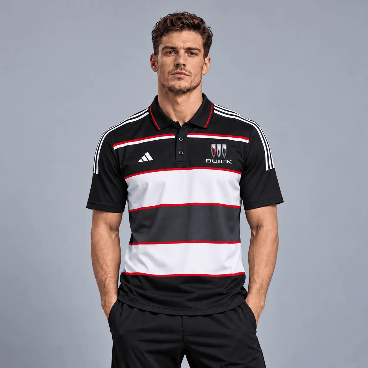 Buick | Heritage Broad Stripe Three Stripe Short Sleeve Athletic Polo Shirt