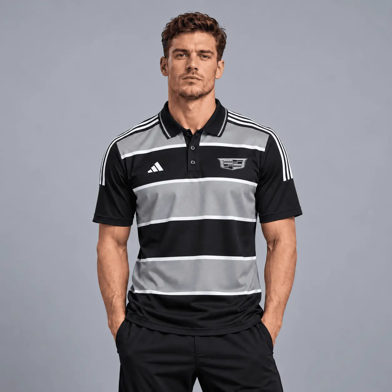 Cadillac | Heritage Broad Stripe Three Stripe Short Sleeve Athletic Polo Shirt