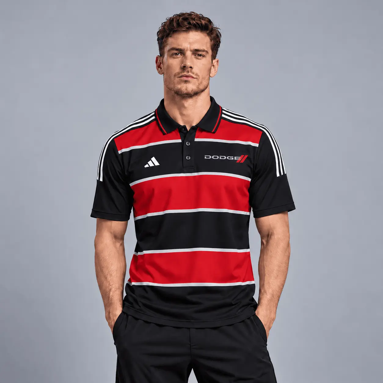 Dodge | Heritage Broad Stripe Three Stripe Short Sleeve Athletic Polo Shirt