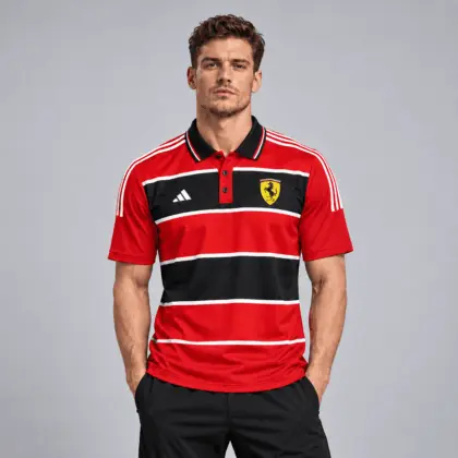 Ferrari | Heritage Broad Stripe Three Stripe Short Sleeve Athletic Polo Shirt