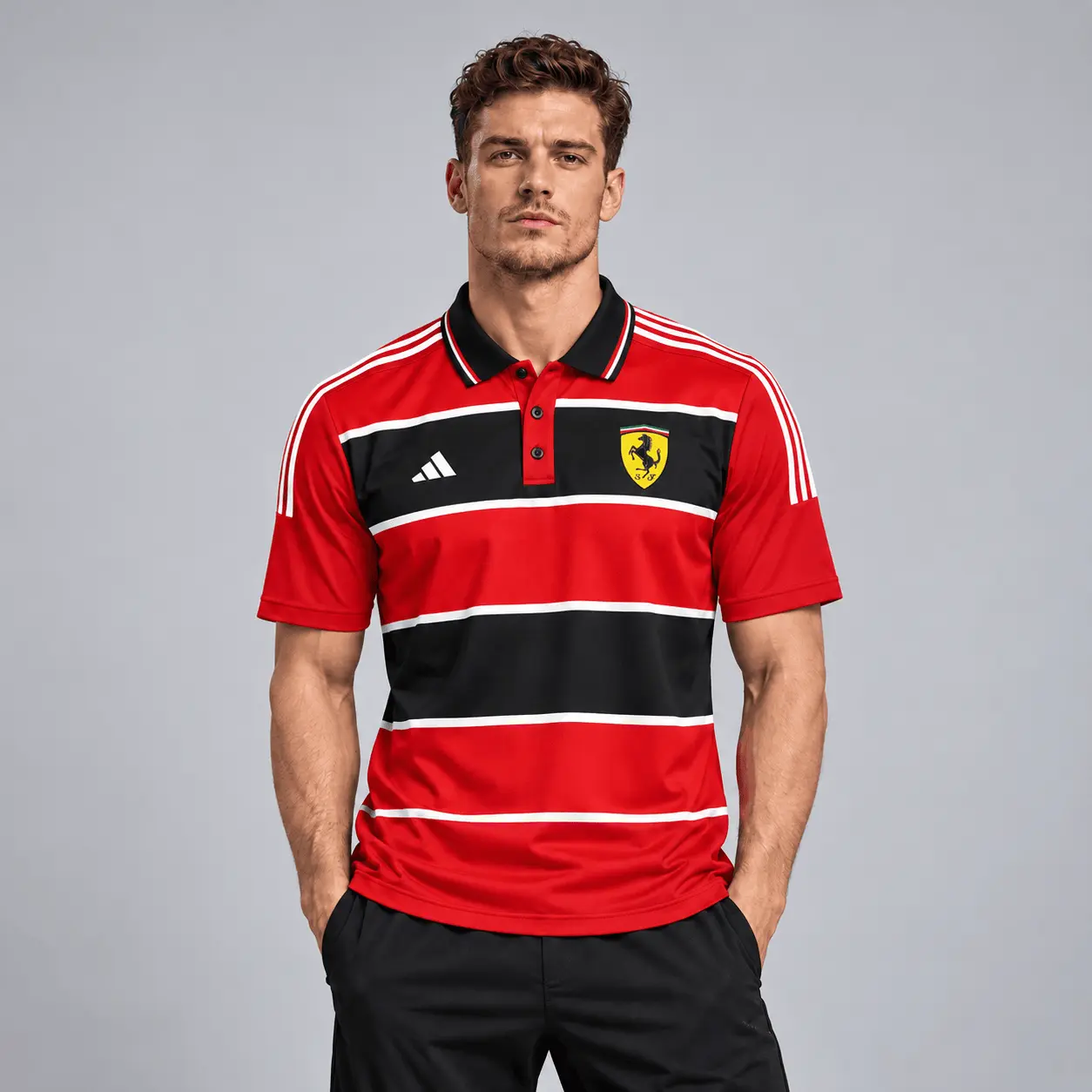 Ferrari | Heritage Broad Stripe Three Stripe Short Sleeve Athletic Polo Shirt